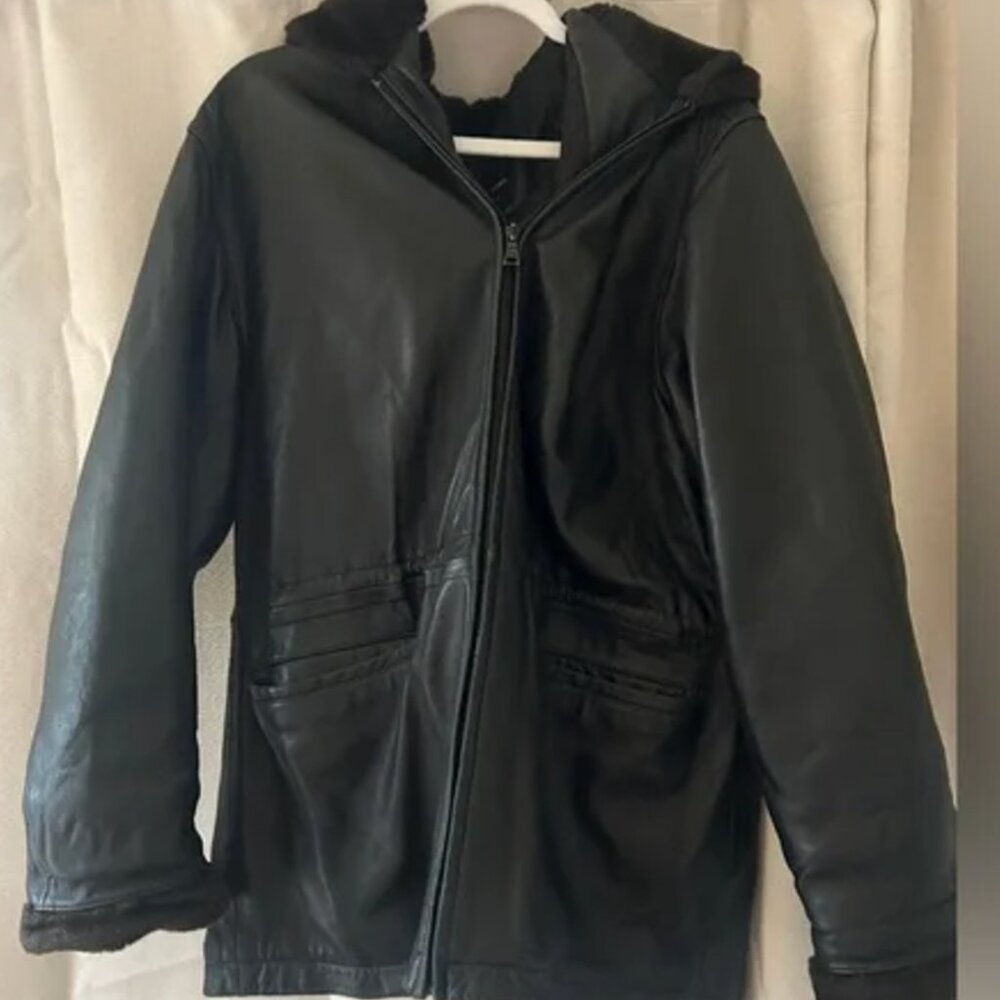 Marc New York Andrew Marc Black Genuine Leather, Faux Fur Trim Hooded Jacket